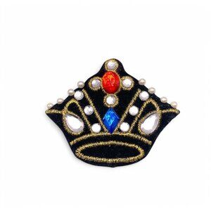 Crown-Shaped Brooch Pin Colorful Gemstones & Faux Pearls On Black Velvet Base